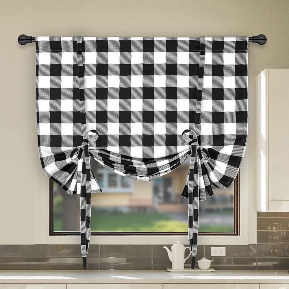 Simple Deluxe Buffalo Check Gathered Window Curtain Pair of 2 -Plaid Light